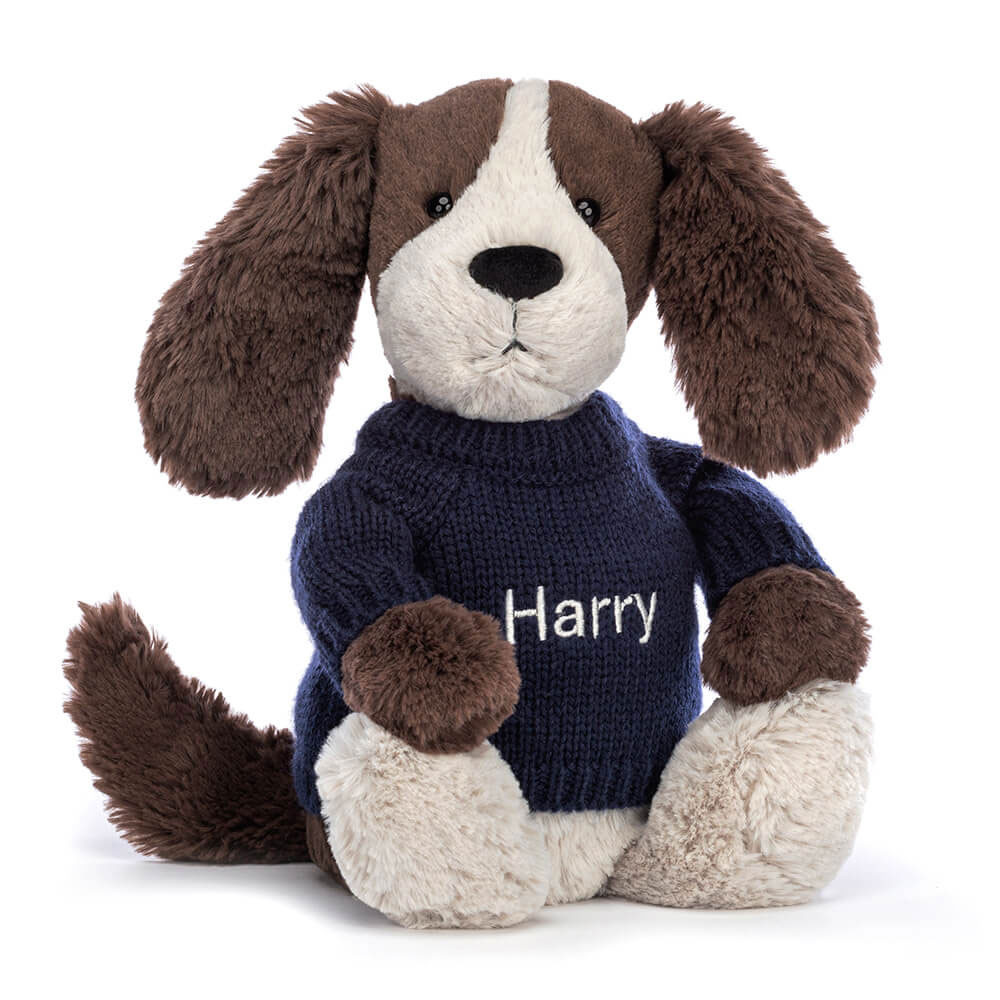 Bashful Fudge Puppy with Personalized Navy Jumper